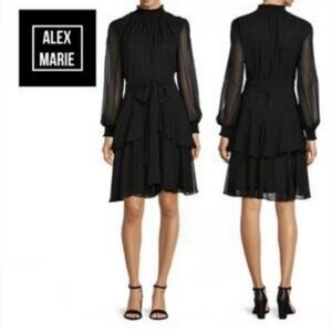 Alex Marie Layered Black Chiffon Mock Neck Long Sheer Sleeve Midi Dress Size 12